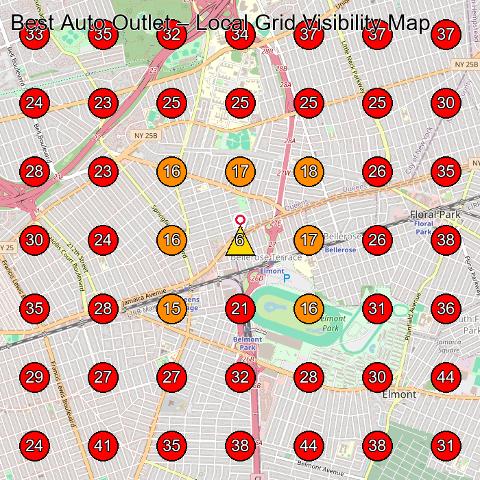 Best Auto Outlet GeoGrid visibility map for Used Car Dealer in Queens